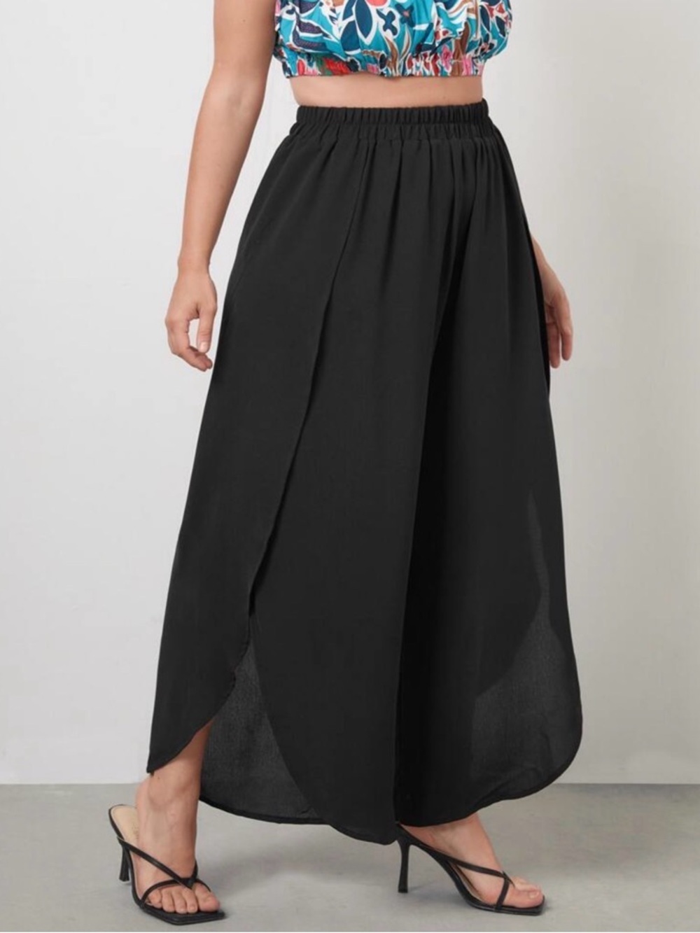 Elastic-Waist Black Split Wide-Leg Pants - Picture 5 of 5